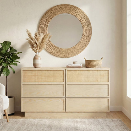 Latitude Run® 59" Natural Oak 6 Drawer Dresser With Raffia Woven Drawer Fronts, Wide Bedroom Storage Chest With Soft-Close Slides | Wayfair