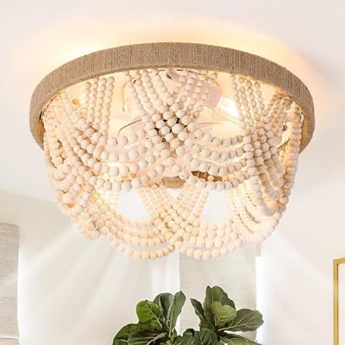 20" Wood Beaded Boho Ceiling Fan with Light, Flush Mount Fandelier