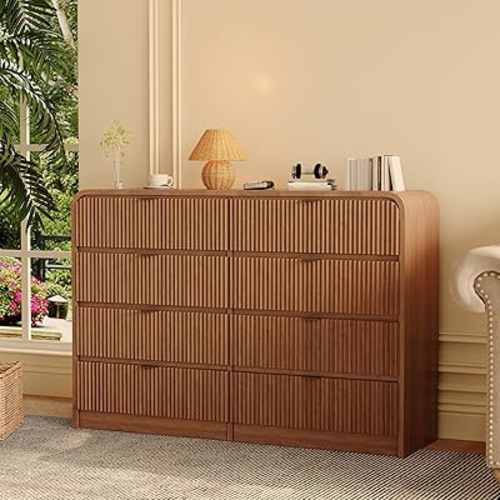 Garvee Fluted 8 Drawer Dresser, Modern Bedroom Dresser with Rounded Edge, Walnut Wood Color Wide Chest of Drawers, for Living Room, Hallway and Bedroom Storage Furniture