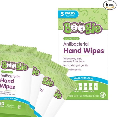 Boogie Antibacterial Hand Wipes - 100 Count | Hypoallergenic & Alcohol-Free, Travel and Diaper Bag Essential