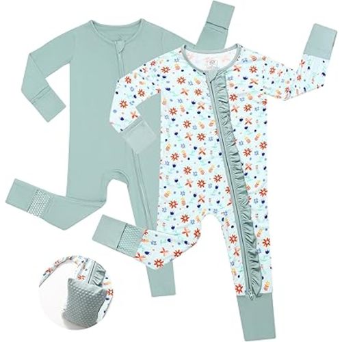 JunNeng Baby Girl Viscose from Bamboo Sleeper with Mitten Cuffs, 2 Way Zipper Romper, Sleep N' Play Pajamas 0-18 Months