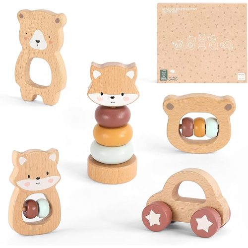 FReniland Wooden Montessori Toys, 5-Piece Wooden Baby Toys, Bear Baby Rattle, Fox Stacking Ring, Car Push and Pull Toys, Bear Grasping Toys,Newborn Baby Gift Sets for Boys and Girls