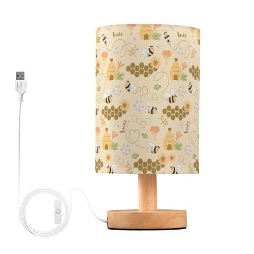 YYZZH Table Lamp Cute Bee Honey Hive Flower Floral Honeycomb Pattern Nightstand Lamp with Wood Base Fabric Lamp Shade Bedside Desk Lamp for Living Room Bedroom Kids Room Office