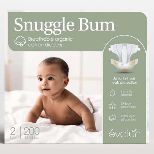 Evolur Snuggle Bum Baby Diapers - Size 2, 200 Count, for Newborns (13 lbs - 24 lbs), Ulta Absorbent Diapers Newborn Baby
