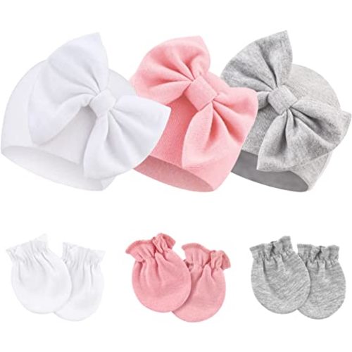 BQUBO Newborn Baby Hospital Hats Beanie Bow Infant Caps Baby Cotton No Scratch Mittens Set for 0-6 Months