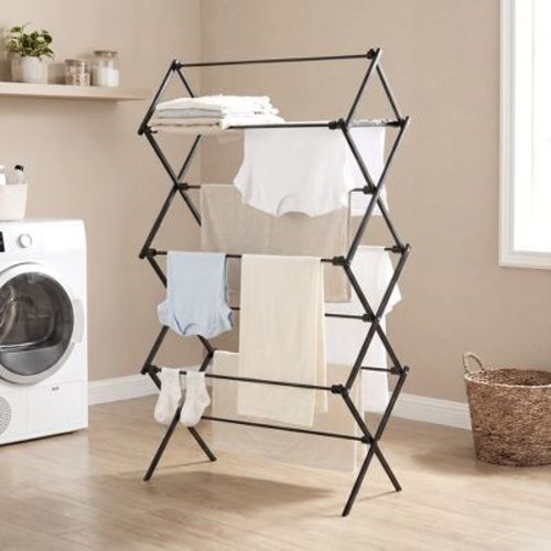 LEDREM Laundry Drying Rack, Foldable Steel, PP Plastic Clothes Airer for Indoor or Outdoor Use, Simple Assembly, Black