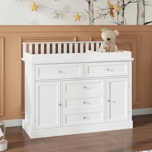 ROMSHINE Nursery Dresser with Changing Table Top, 46" W Baby Dresser with 2 Drawers, Laundry Basket & Raised Guard, Infant Diaper Changing Storage Organize Station for Nursery and Baby Bedroom, White