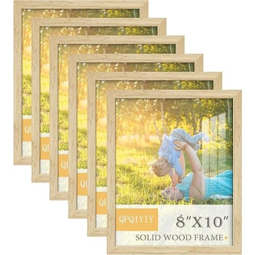 QPQIYIY 8x10 Picture Frame Set of 6, Solid Wood Photo Frames, Natural