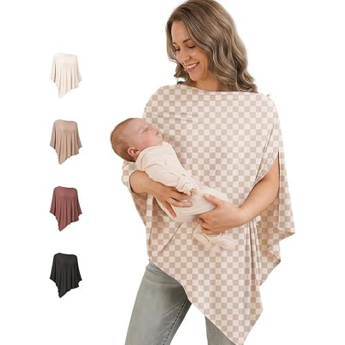 Konssy Rayon Made from Bamboo Nursing Cover for Breastfeeding, Buttery-Soft 360° Full Privacy Nursing Poncho, Breathable Stretchy Breastfeeding Cover, Multi-Use Car Seat Canopy (Baby Apricot Plaid)