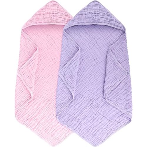 2 Pack Hooded Muslin Cotton Baby Towels, 32x32Inch, Pink & Purple