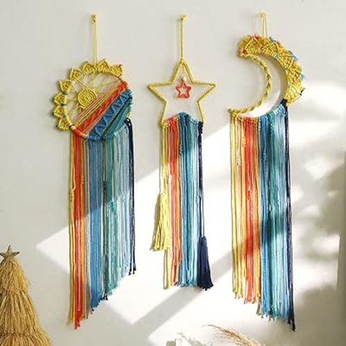 3 Pack Macrame Hanging Tapestry Wall Art Set Boho Woven Tapestries Sun Moon Star Large Dream Catcher Coloful Wall Decor Bedroom Aesthetic Living Room Decor