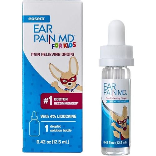 Eosera Ear Pain MD for Kids - Maximum Strength Earache Relief Drops with Lidocaine - Doctor Recommended Ear Medicine for Children, Babies & Toddlers 2+ - Fast-Acting Ear Drop Pain Reliever - 12.5mL