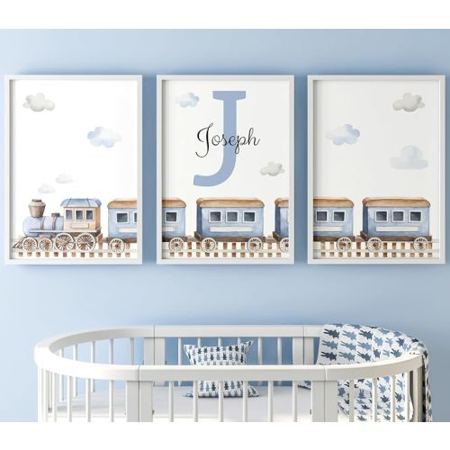 Choo Choo Train Set Of 3 Unframed Wall Poster Prints For Baby Toddler Nursery Bedroom Playroom, Personalized Name, Choice of 3 Colors, Blue Green Red (9x12)