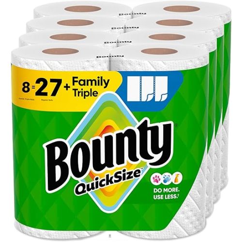 Bounty Quick-Size Paper Towels, White, 8 Family Triple Rolls = 27 Regular Rolls