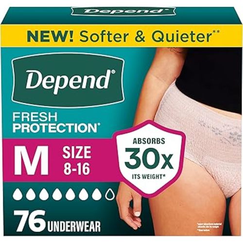 Depend Fresh Protection Adult Diapers, Incontinence Underwear for Women, Disposable, Maximum, Medium, Blush, 76 Count (2 Packs of 38), Packaging May Vary