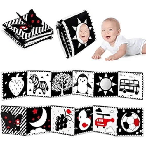 Black and White High Contrast Toys for Baby 0-3 3-6 months Infant Tummy Time Soft Crinkle Book Mirror Sensory Toys 0 2 4 5 6 Month Old Babies Boy Gril Newborn Development Christmas Stocking Stuffer