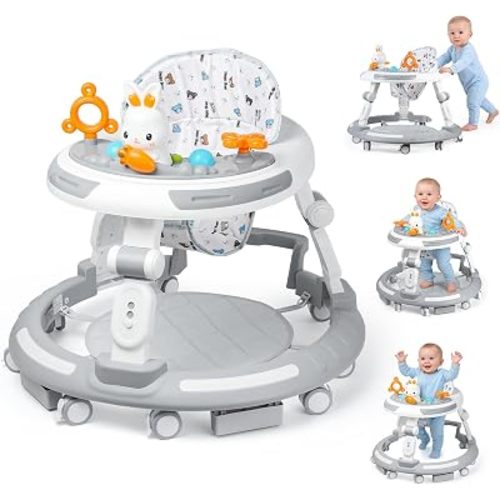 Baby Walker with Wheels -Foldable Baby Walker,4-in-1 Baby Walkers for Boys and Girls 6-12 Months, Infant Walker with Adjustable Height, Anti-Rollover Baby Activity Walker with Toys, Music, Lights,Grey