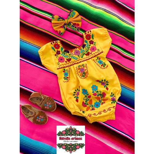 Mexican jumpsuit for girls//Mexican outfit for babies//Embroidered Mexican baby bodysuit set//party jumpsuit and bow