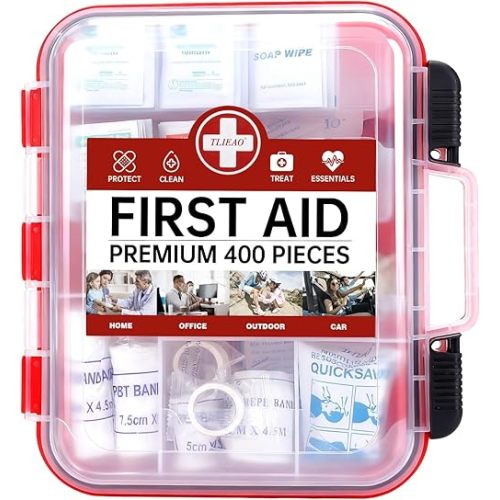 400 Pieces All-Purpose First Aid Kit - Organized Dual-Layer Wall - Professional Medical Kit for Home, Car, Camping, Travel, Office, Outdoor, Business & Sports