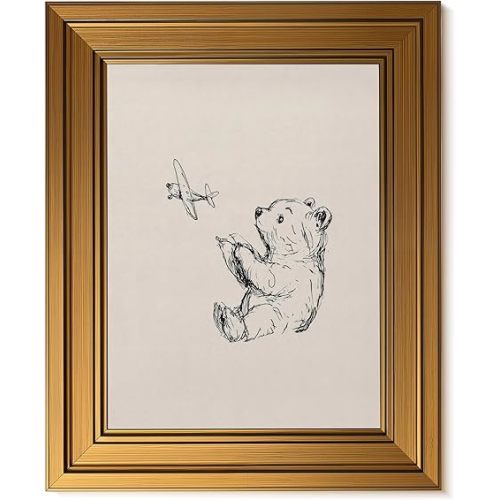 Ptslan Gold Framed Wall Art, Vintage Airplane Nursery Decor, Teddy Bear Canvas Prints for Baby Boy Room (9x11Inch)