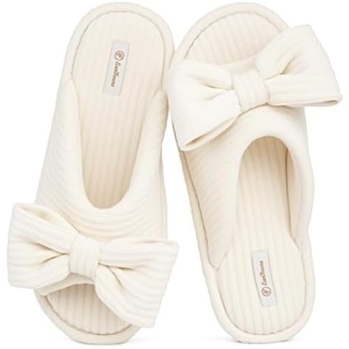 EverFoams Women's Open-Toe Bow Slippers Memory Foam Non-Slip Indoor