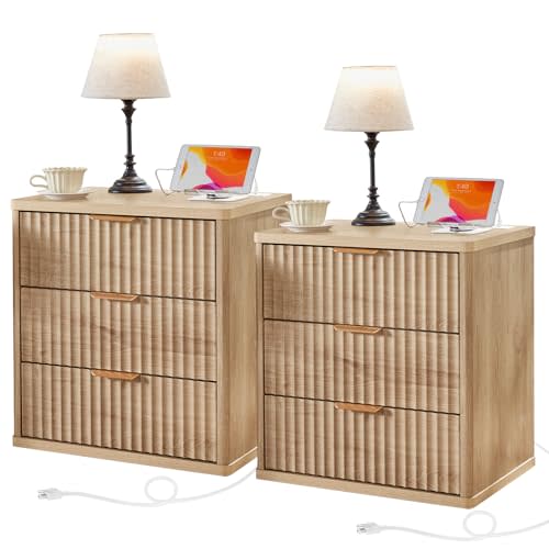 LEYAOYAO 23" Wide Fluted Farmhouse Night Stand Set of 2 with Charging Station, 3 Drawers Large End Table w/Metal Handle, Natural Nightstand Bedside Table,Wood Dresser for Bedroom, Closet
