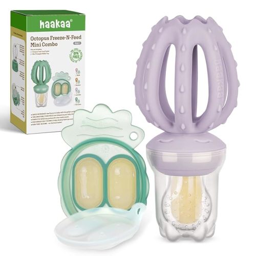 Haakaa Octopus Baby Fruit Food Feeder & Mini Freezer Nibble Tray Combo, Breastmilk Popsicle Molds for Cooling Relief, BPA Free Silicone Feeder for Safe Infant Self Feeding, 4 Month+ (Lavender)
