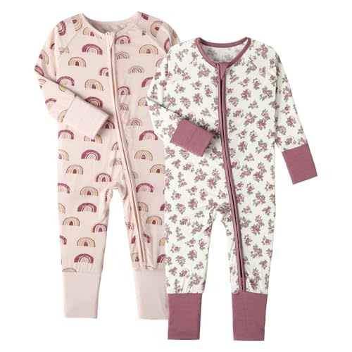 OPAWO Bamboo Sleepers for Baby Girl Pajamas Double Zipper Onesies Romper | 2 way zipper sleepers, baby long sleeve onesies with mitten cuffs, convertible footie, gentle on skin, ultra soft,breathable