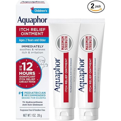 Aquaphor Children's Itch Relief Ointment, 1% Hydrocortisone Anti Itch Ointment for Skin Irritation, Insect Bites, Psoriasis, Skin Rashes Eczema & Poison Ivy, Fragrance Free, 1 Oz Tube, Pack of 2