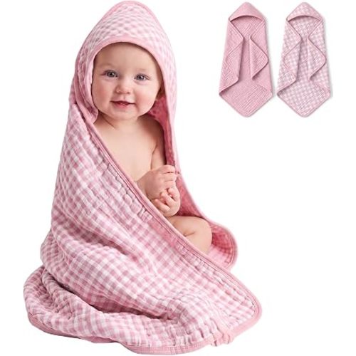 Hahafelt 2 Pack Muslin Hooded Baby Towels 100% Muslin Cotton, Pink