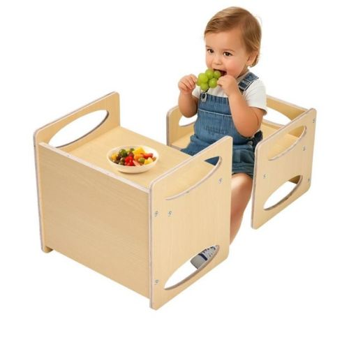 Montessori Weaning Table and Chair Set, Wooden Kids Activity Table with Reversible Chair for Toddlers Ages 1-5, Natural Wood
