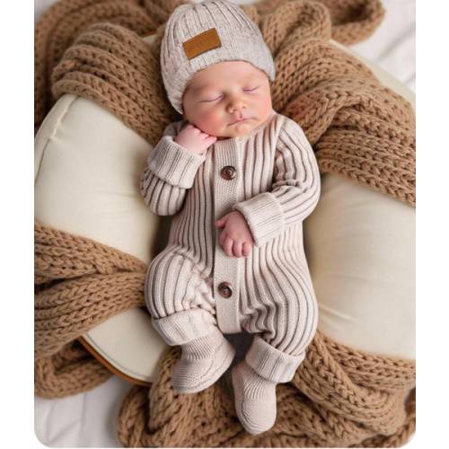 SHEIN Cozy Long Sleeve Newborn Button-Up Jumpsuit In Soft Striped Fabric Newborn Knit Outfit Boy Newborn Outfit Photoshoot Boy Neutral Newborn Baby Clothes Newborn Sweater Romper Newborn Knit Romper,In Fall/Winter | SHEIN USA