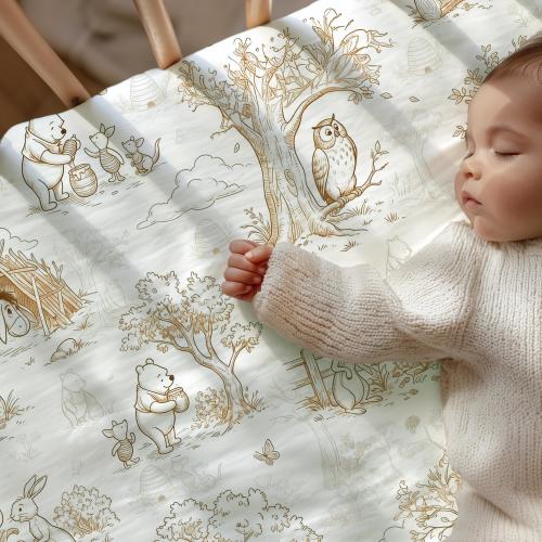 Classic Pooh Inspired Crib Sheet Neutral Storybook Bear Vintage Woodland Bedding Baby Fitted Twin Sheet Hundred Acre Woods Nursery Decor