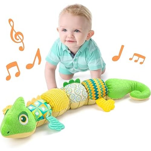 LIGHTDESIRE Baby Toys Musical Dinosaur,Infant Stuffed Animal Toys with Crinkle and Rattles,Soft Sensory Toys with Textures for Tummy Time Newborn Boys Girls 0 3 6 12 Months(Green)