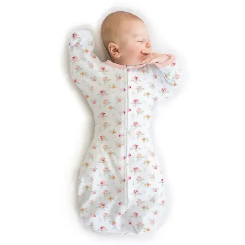 SwaddleDesigns Transitional Swaddle Sack, Arms Up Half-Length Sleeves & Mitten Cuffs, Swaddle for Newborn Transition to Baby Sleep Sack Wearable Blanket, 3-6mo, 14-21 lb, Watercolor Peachy Pink Floral