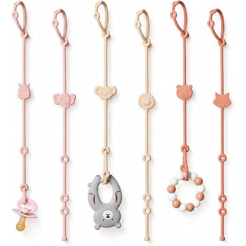 ROCCED Toy Straps for Baby 6pcs, Silicone High Chair Toys Straps Stroller Accessories Toddler Bottle Strap Car Seat Toys Baby Travel Essential Silicone Animal Design Blush+Ivory+TER
