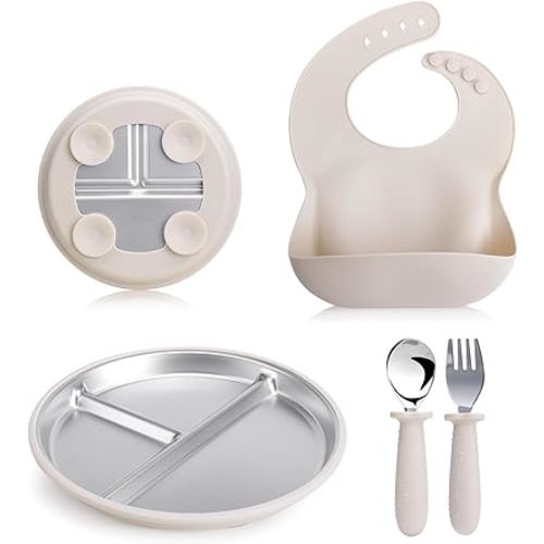 Stainless Steel Kids Plates & Spoon Set with Silicone Bibs–9”Divided Toddler Plates with Removable Suction Cups,Non-Toxic & BPA Free,Non Slip,Dishwasher Safe,Unbreakable baby plates(beige)