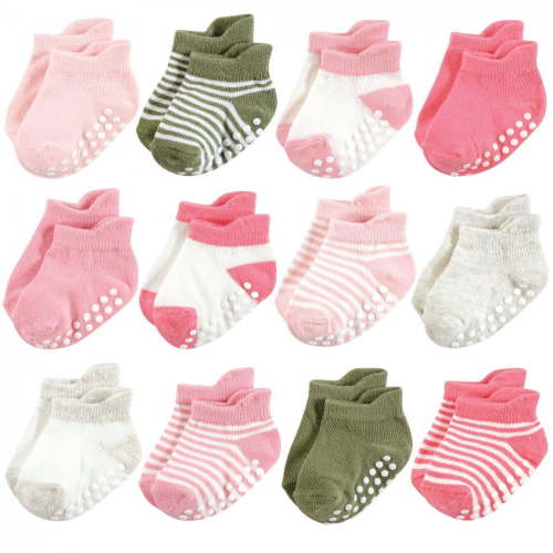 Hudson Baby Infant Girl Non-Skid No-Show Socks, Pink Green, 12-24 Months
