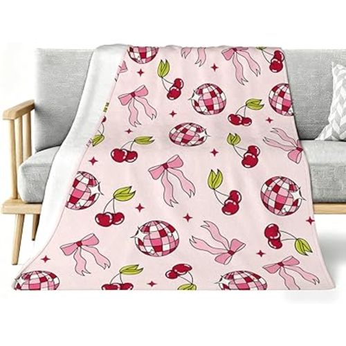 Cute Cherry Decor Throw Blanket Pink Bow for Kids - Soft Fleece Throw Home Decor for Disco Girls Women Teens as Birthday Gifts, Cozy Blankets for Couch Bed Camping Travel 40x50inches