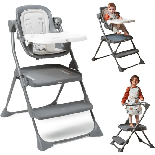 The First Years Foldable Toddler Tower and High Chair - 2-in-1 Baby High Chair and Toddler Step Stool - Adjustable Grow with Me Height - Folds Flat & Easy to Clean - Kids Stool with Non-Slip Surface
