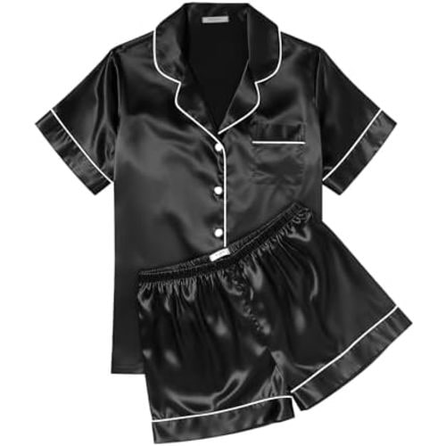 Ekouaer Womens Silk Satin Pajama Sets Soft Short Sleeve Button Down Sleepwear Top and Shorts 2 Piece Pjs Lounge Set