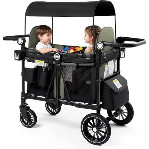 Kinder King Wagon Stroller for 2 Kids, All-Terrain Foldable Outdoor Stroller Wagon 2 Seater, Removable Canopy, Adjustable Handle, Shock-Absorbing Wheel, Detachable Tray, Large Storage, Green