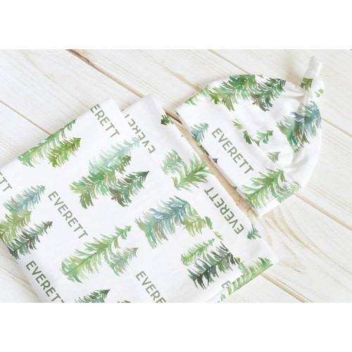 Personalized Baby Swaddle Blanket - Pine Trees