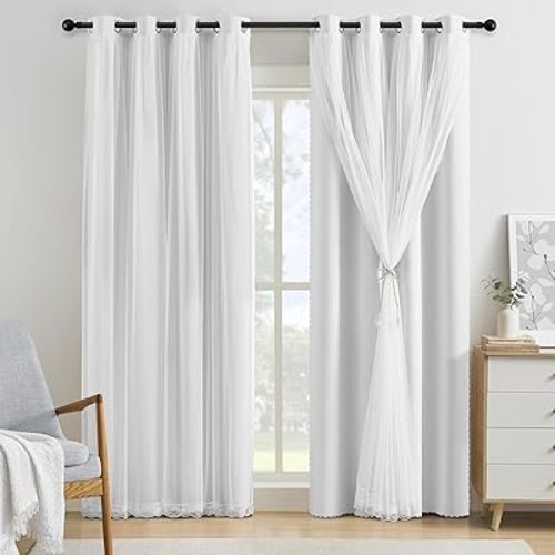 XiDi White Blackout Curtains with Sheer Overlay for Bedroom 63 Inches Long 2 Panels 100% Black Out Double Layer Curtains Thermal Insulated Room Darkening Grommet Short Drapes Greyish White 52W x 63L