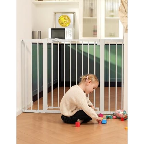 Babelio 36" Tall Baby Gate, PressGuard P7, 29-48" Auto Close Pressure Mounted Dog Gate for Stairs, Doorways & Hallway, Protector Basics Easy Walk Thru Pet Gate, White