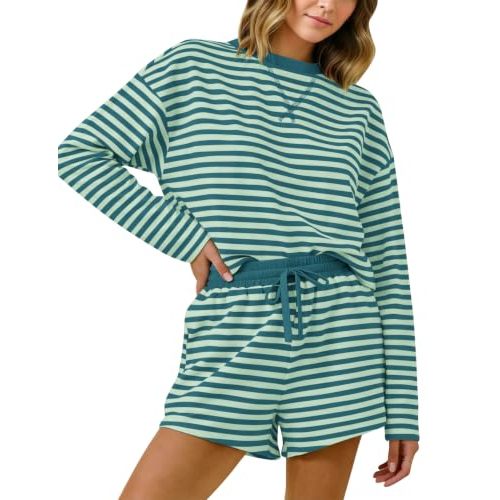 MISSACTIVER Striped Lounge 2 Piece Sets for Women Long Sleeve T Shirts Drawstring Shorts Loose Fit Matching Pajamas Set