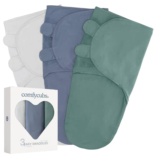 Comfy Cubs Easy Swaddle Blanket, 3 Pack - 100% Cotton Newborn Wrap, Small for 0-3 Months Infants, Breathable and Durable Sleep Sack for Babies - Stone, Nomadic Blue & Azul