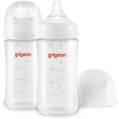Pigeon Glass Nursing Bottle Wide Neck, Streamlined Body, Natural Feel, Easy to Clean, Heat-Resistant, 8.1 Oz(Pack of 2), Includes 2pcs M Nipples (3m+)