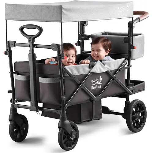 Wagon Stroller for 2 Kids, Premium Stroller Wagon for Kids with Removable Canopy, Safety Harness, Adjustable Handlebar & Storage Organizer, All-Terrain Foldable Baby Wagon for Outdoors