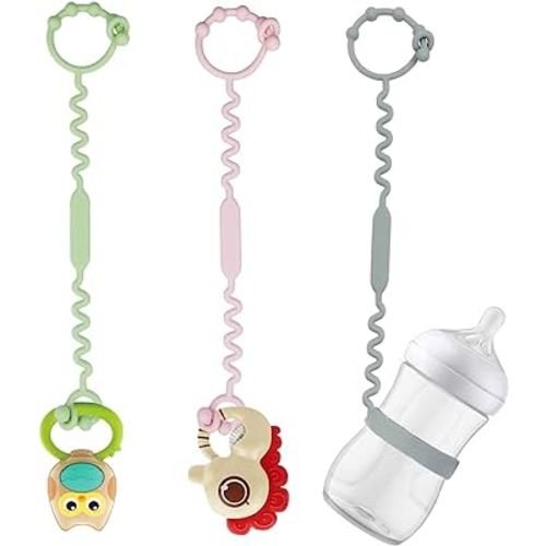 Toy Straps for Stroller, Pacifier Holder Clip with Self-Adjusting Bayonet, Pure Silicone Material Without BPA; Can Be Used for Teethers, Feeding Bottles, Toys, Baby Cribs, High Chairs(Pink-3ps)